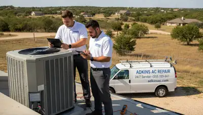 Professional AC repair technician servicing air conditioner unit in San Antonio TX home