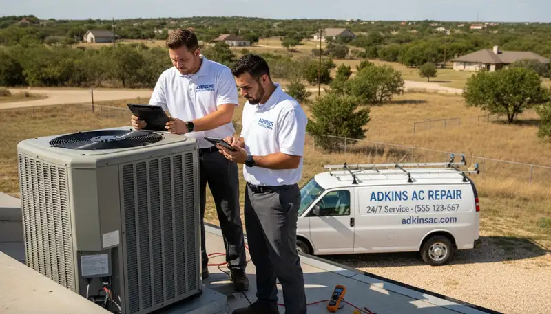 Professional AC repair technician servicing air conditioner unit in San Antonio TX home