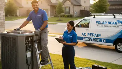 Professional AC repair technician servicing air conditioner unit in San Antonio TX