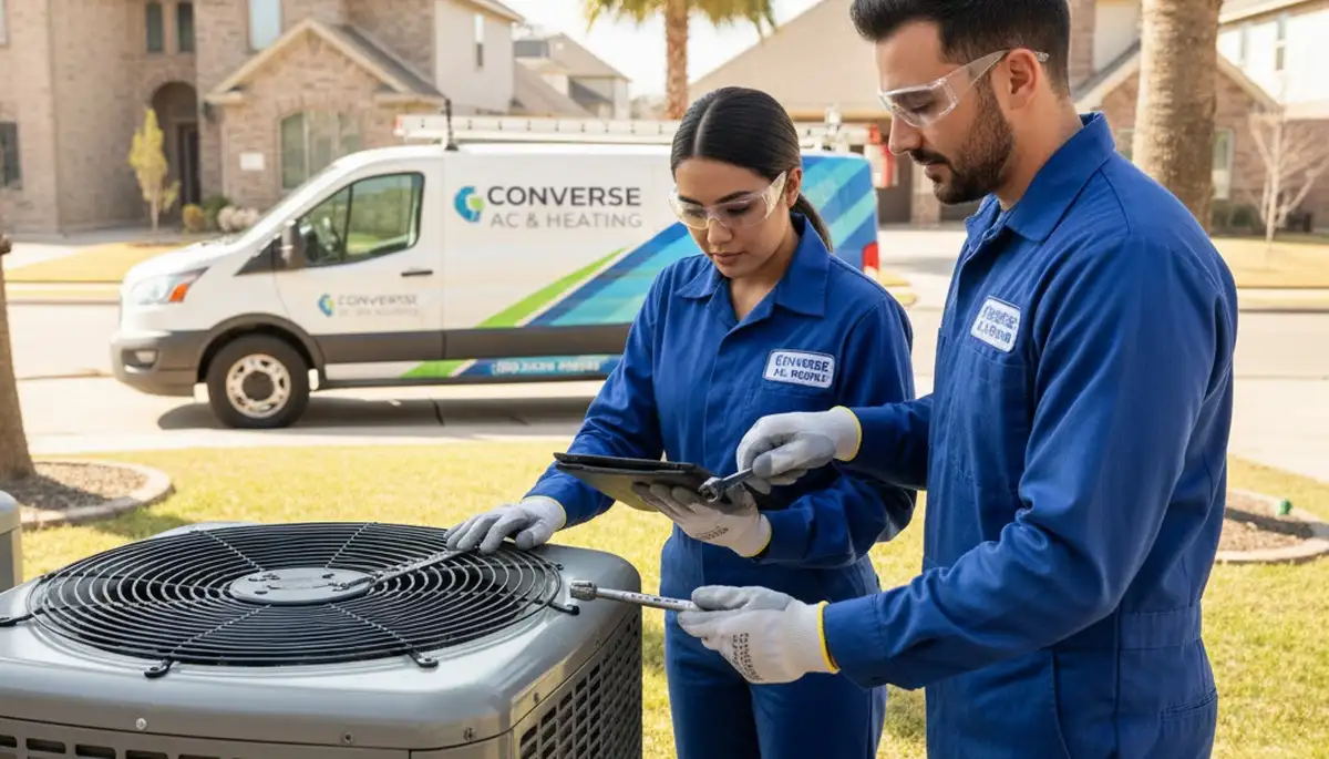 Professional AC repair technician servicing air conditioner in San Antonio TX home