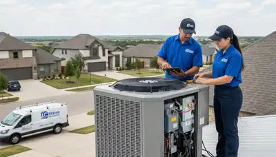 Professional AC repair technician servicing air conditioner in San Antonio TX home