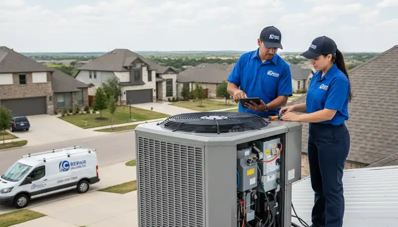 Professional AC repair technician servicing air conditioner in San Antonio TX home