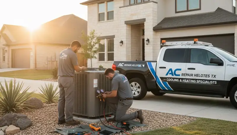 Professional AC repair technician servicing air conditioner in San Antonio TX home