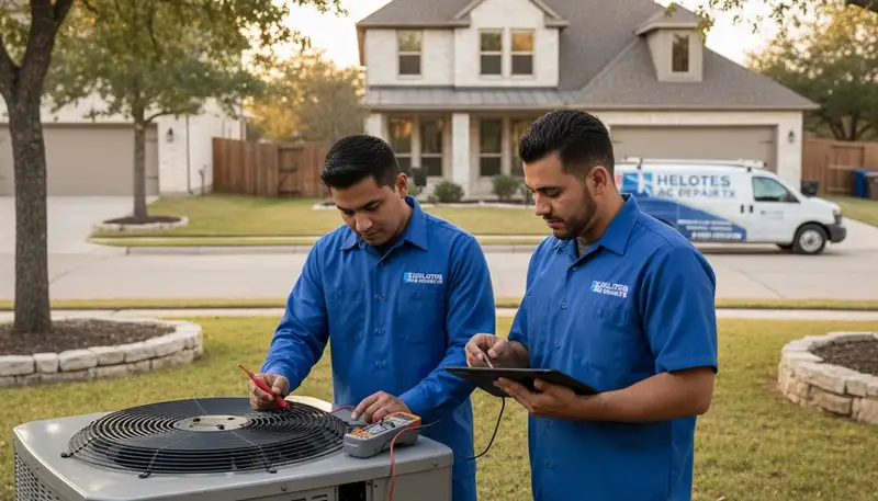 Professional AC repair technician servicing air conditioner in San Antonio TX home