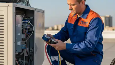 Technician performing AC repair service in San Antonio TX for residential cooling system maintenance