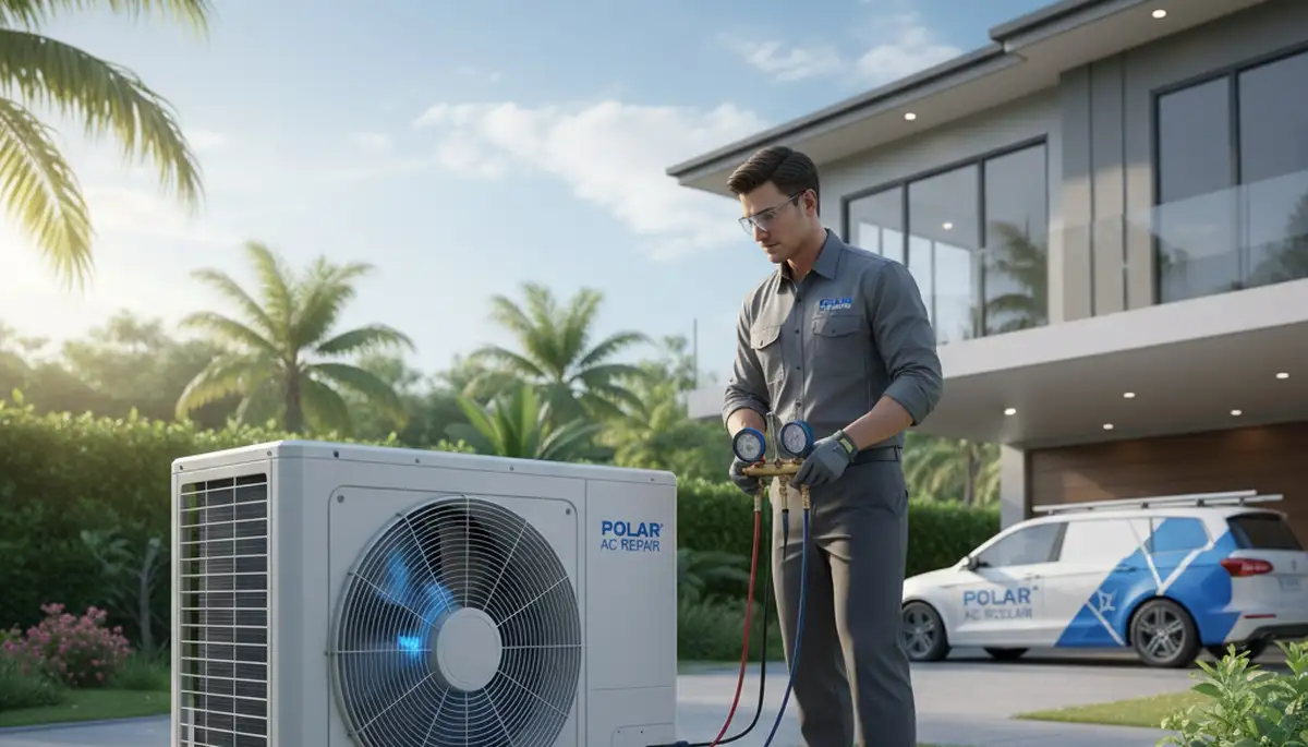 Technician performing AC repair in San Antonio TX for residential cooling system maintenance