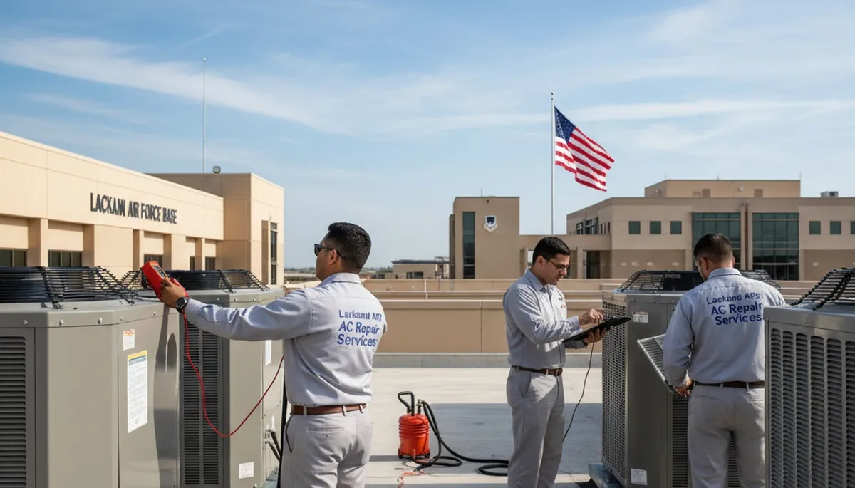 Professional AC repair technician servicing air conditioner in San Antonio TX home