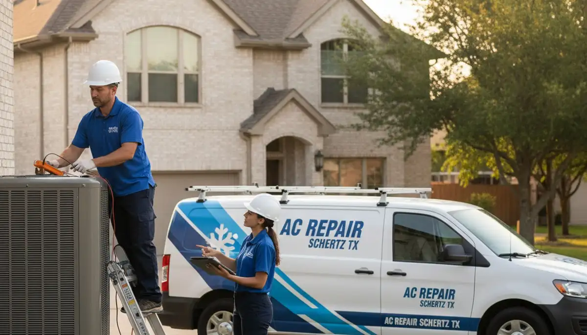 Professional AC repair technician servicing air conditioner in San Antonio TX home