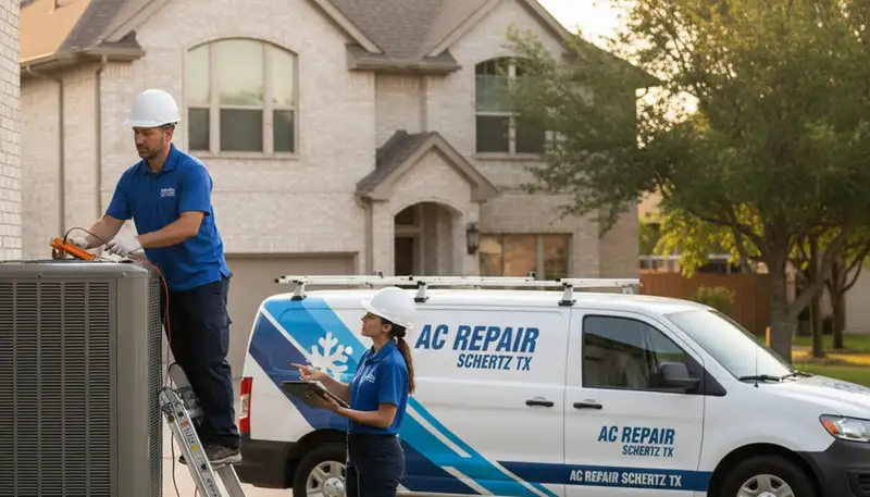 Professional AC repair technician servicing air conditioner in San Antonio TX home