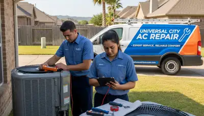 Professional AC repair technician servicing air conditioner unit in San Antonio, Texas