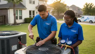Professional AC repair technician servicing air conditioner in San Antonio TX home
