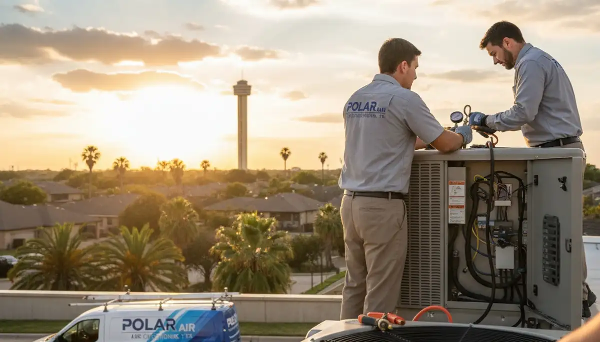 Professional AC repair technician servicing air conditioner in San Antonio TX home