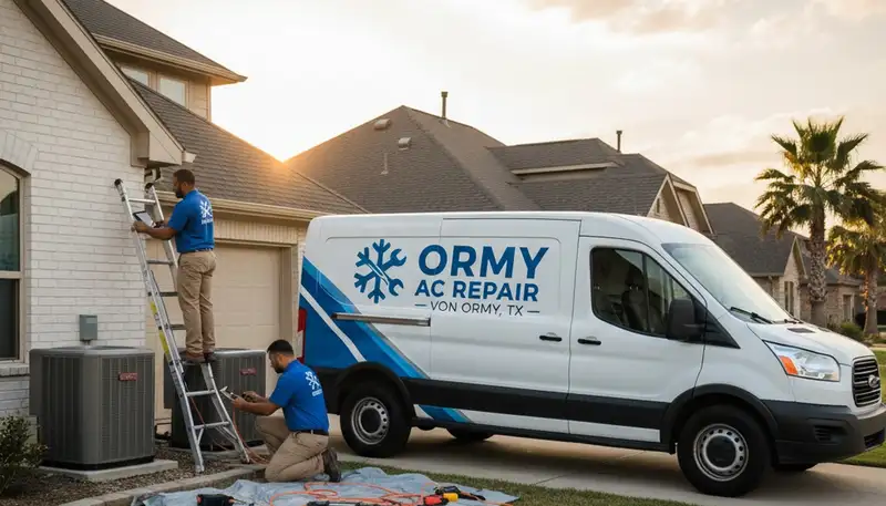 Professional AC repair technician servicing air conditioner unit in San Antonio TX home