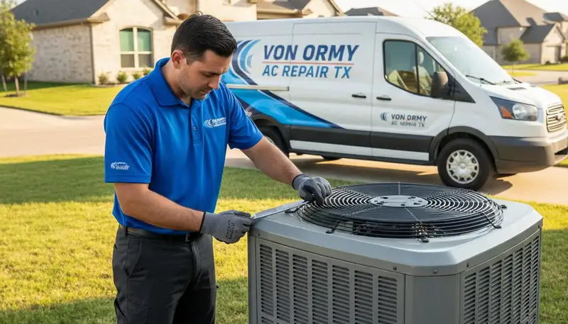Professional AC repair technician servicing air conditioning unit in San Antonio TX home