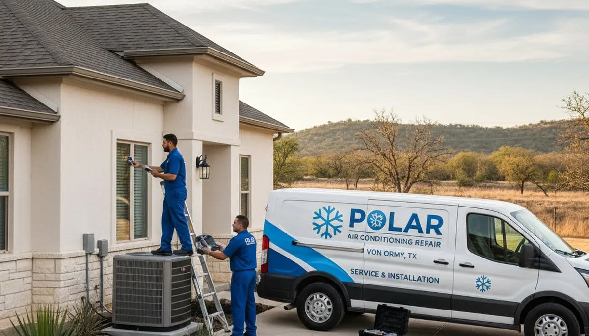 Professional AC repair technician servicing air conditioner unit in San Antonio TX home