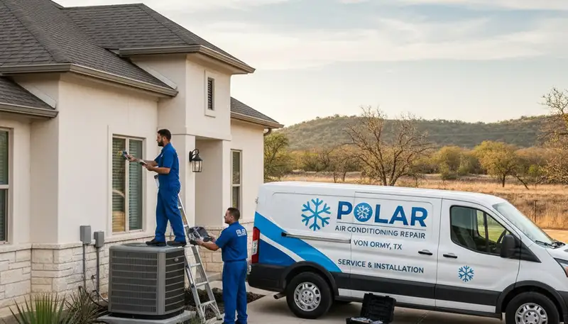 Professional AC repair technician servicing air conditioner unit in San Antonio TX home