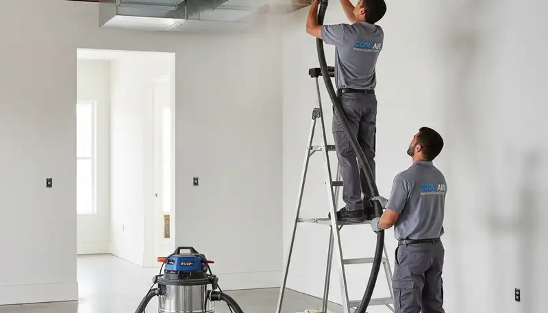 Technician cleaning air ducts for HVAC system in San Antonio, TX home by Five Star Cooling