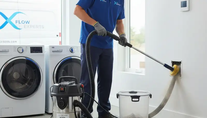 Technician providing professional dryer vent cleaning service in San Antonio TX home