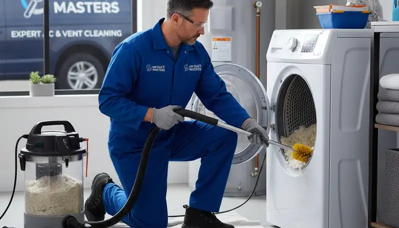 Technician cleaning dryer vent for improved airflow in San Antonio, TX home