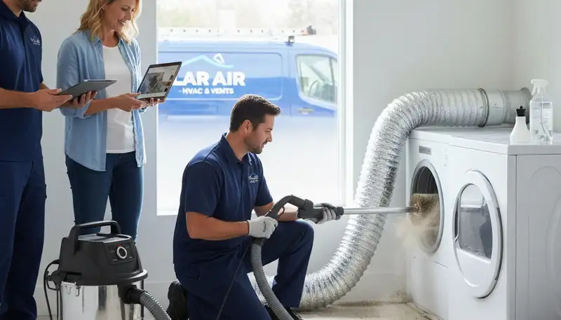 Technician cleaning dryer vent for improved airflow in San Antonio, TX home