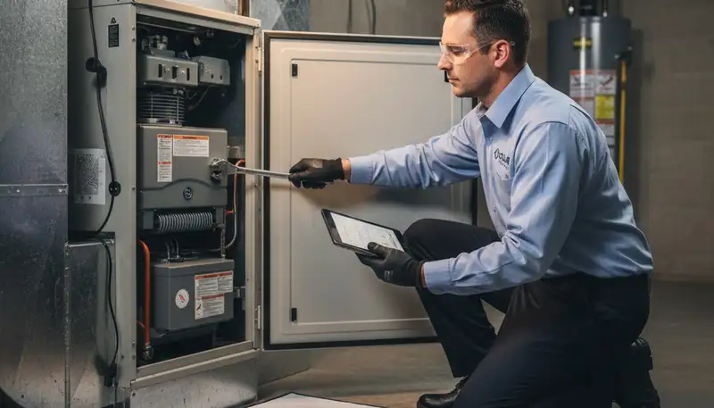 Technician performing furnace repair in San Antonio TX home for Five Star Cooling heating service