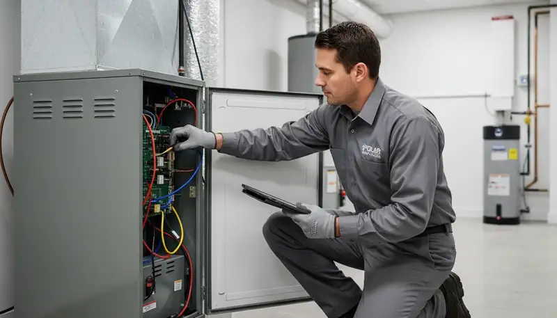 Technician performing furnace repair in San Antonio TX for Five Star Cooling heating service