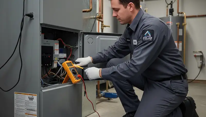 Technician repairing residential furnace system in San Antonio TX for Five Star Cooling heating service