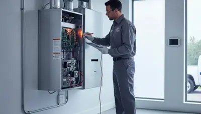 Technician performing residential heating repair service in San Antonio, TX for Five Star Cooling