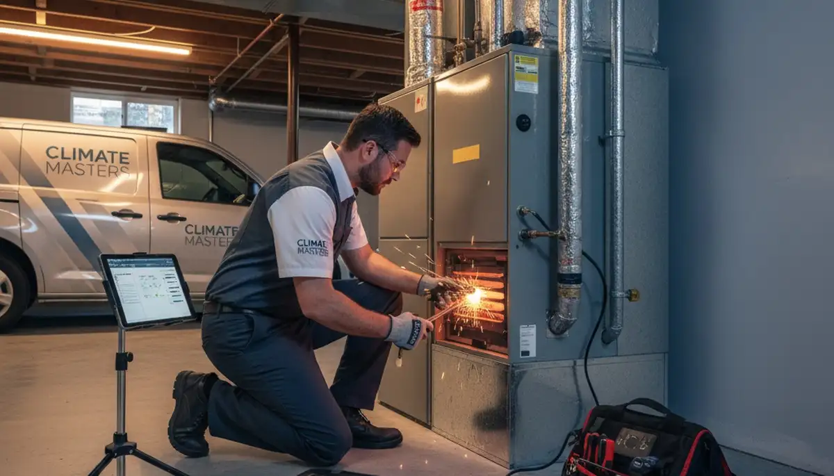 Technician performing heating repair on home furnace in San Antonio TX for Five Star Cooling