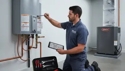 Technician repairing home water heater in San Antonio TX for Five Star Cooling service