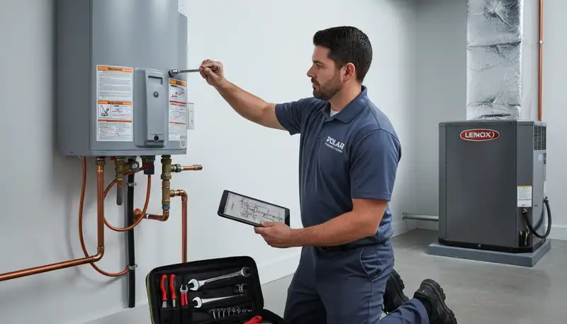 Technician repairing home water heater in San Antonio TX for Five Star Cooling service