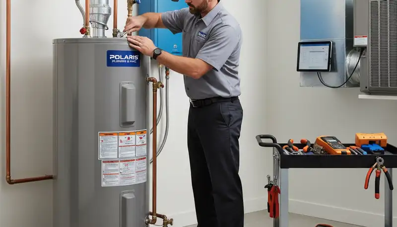 Technician performing water heater repair in San Antonio TX at Five Star Cooling service site