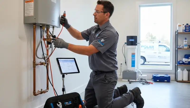 Technician repairing residential water heater in San Antonio TX for Five Star Cooling service page